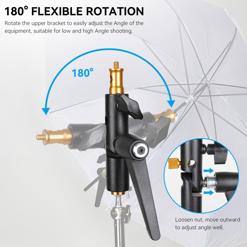 Konseen Camera Flash Shoe Bracket H Type Mounts with Multi Functional Umbrella Reflector Insert Hole Holder,180Â° Adjustable Light Stand Mount Adapter with 1/4" & 3/8" Female Screw for Photography Studio - Image 4